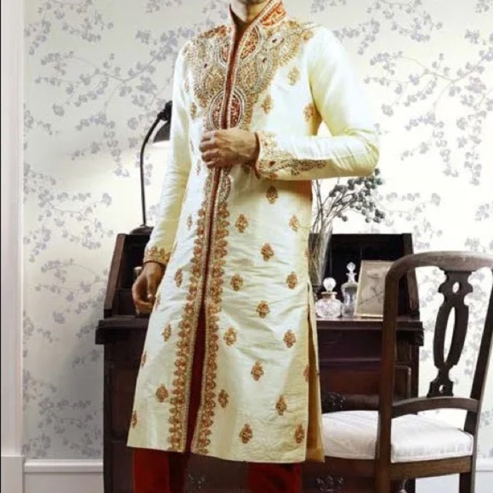 Embroidered Dupion Silk Kurta Churidar in Cream